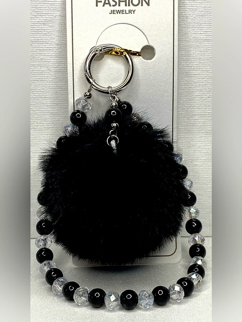 Black Faux Fur Pom Pom Keychain with Beaded Strap